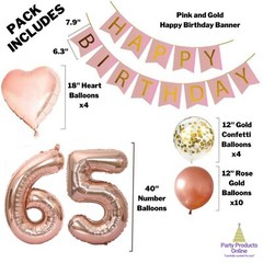 65th Birthday Decorations For Her – Pink and Rose Gold Theme – Balloons, Banner