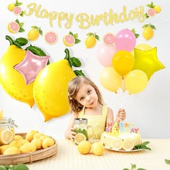 Lemon Balloons Birthday Party Decorations with Green Leaves, Summer Fruit The…