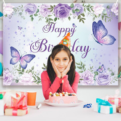 Purple Butterfly Birthday Banner Backdrop for Women Girl (59×36 inch) Purple Hap