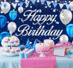 Happy Birthday Banner Birthday Decorations for Men Women Boys Girls Silver Blue