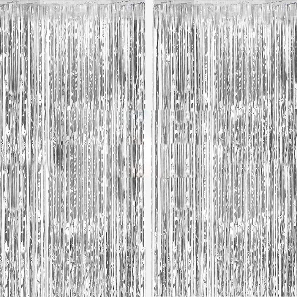 2 Pack Silver Foil Curtain Party Streamers Metallic Tinsel Foil Fringe Photo Boo