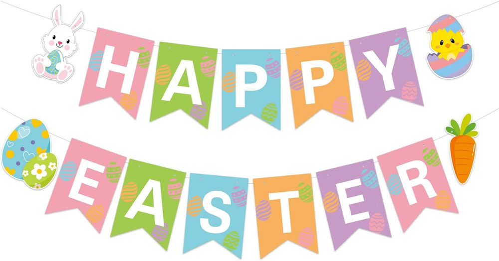 Happy Easter Banner – Multi-Colored, 5.12″ X 7″ Flags, Easter Party Decorations
