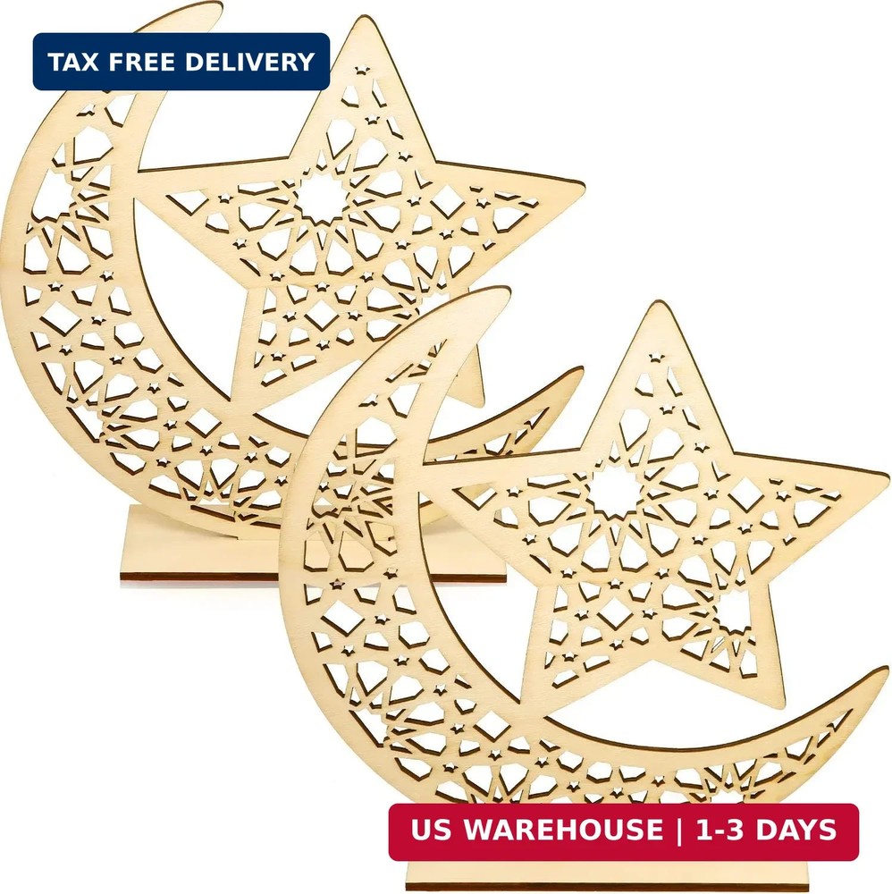 WILLBOND 2 Sets Ramadan Wooden Ornament, Ramadan Mubarak Decorations Eid Mubarak