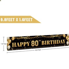 Large Happy 80th Birthday Decoration Banner, Black and Gold Happy 80th Birthd…