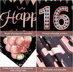 Happy 16Th Birthday Banner Decorations for Girls, Rose Gold Sweet 16 Birthday Pa