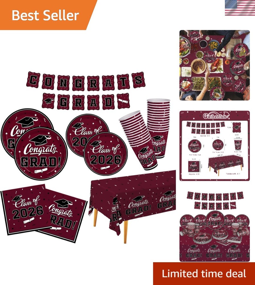 Disposable Maroon Graduation Tableware Set – Plates, Napkins, and Banners for 25