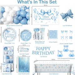 cocomigo 288 PCS Blue Bow Birthday Decorations, Hassle-Free One-Stop Set for 25