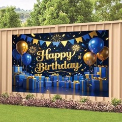 Blue Gold Happy Birthday Backdrop Banner 70.8 x 47.2 Inch,