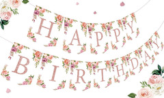Rose Gold Floral Birthday Decorations – Glittery Happy Birthday Banner for Women