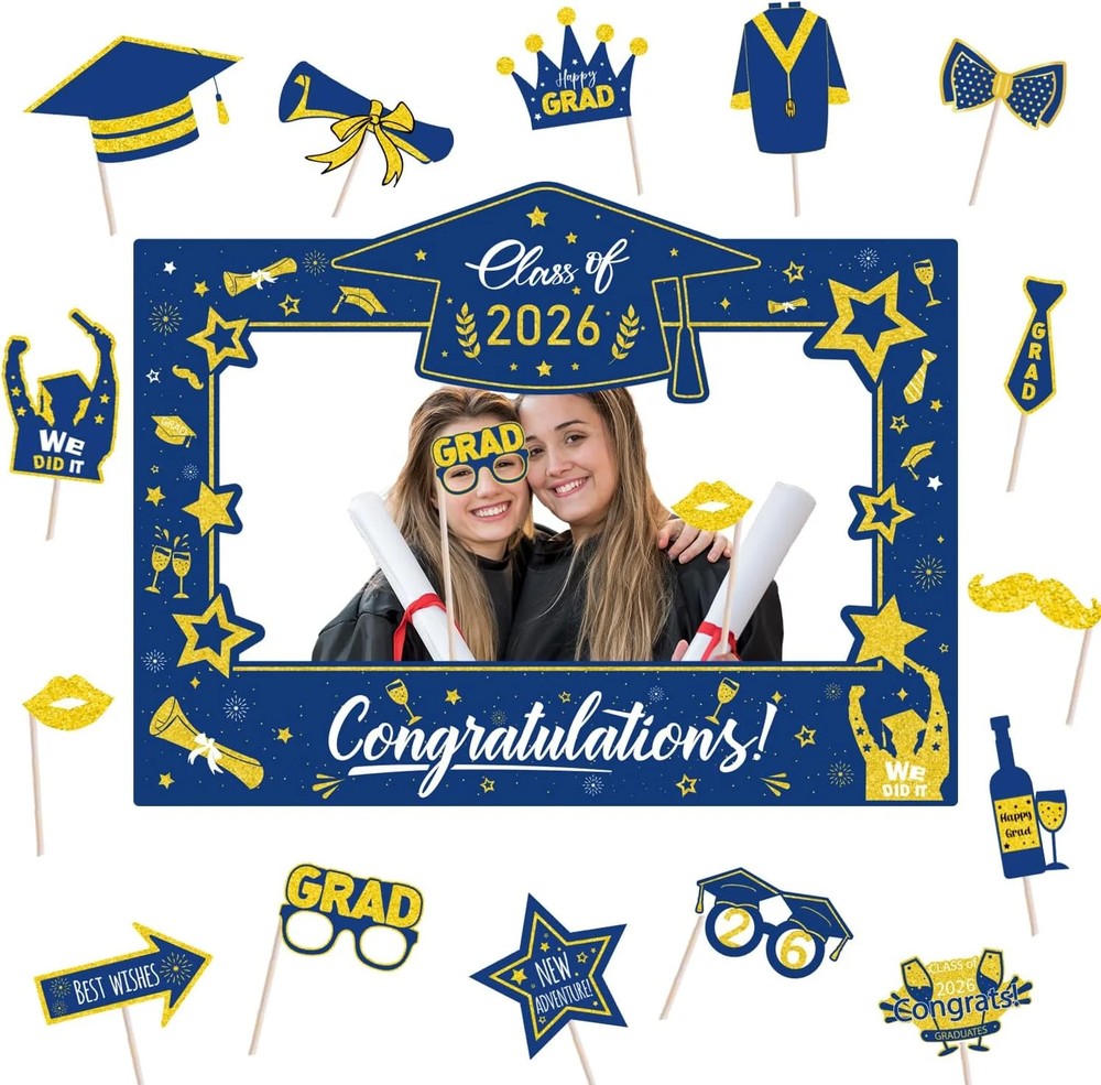 Graduation Decorations Class of 2026 Photo Booth Props – Blue and Gold 2026 Grad