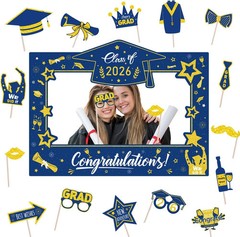Graduation Decorations Class of 2026 Photo Booth Props – Blue and Gold 2026 Grad