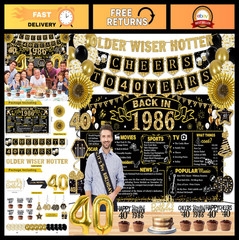 40th Birthday Party Decorations Set – 16PCS Vintage Banner, Backdrop, Swirls & P