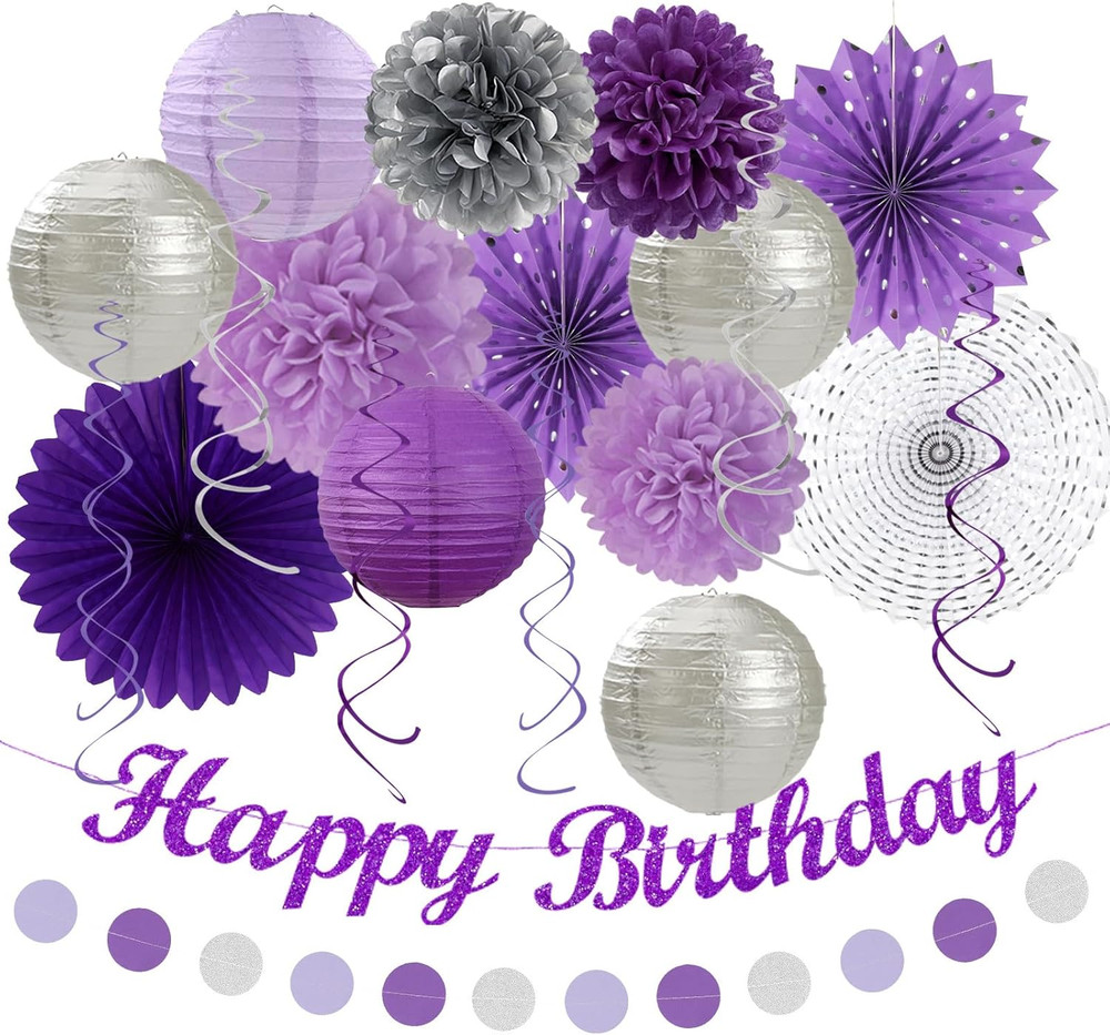 Purple Lilac-Lavender Silver Women Birthday Party-Decorations – 21Pc Happy Banne