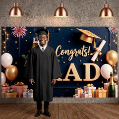2026 Graduation Banner Decorations Navy Blue Gold Balloons Congrats Grad Backdro