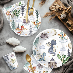 Dragon Birthday Party Supplies Tableware Set Plates Cups Napkins Serves 24