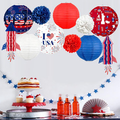 4Th of July Decorations Red White Blue Paper Lanterns Flower Tissue Pom Poms Fan