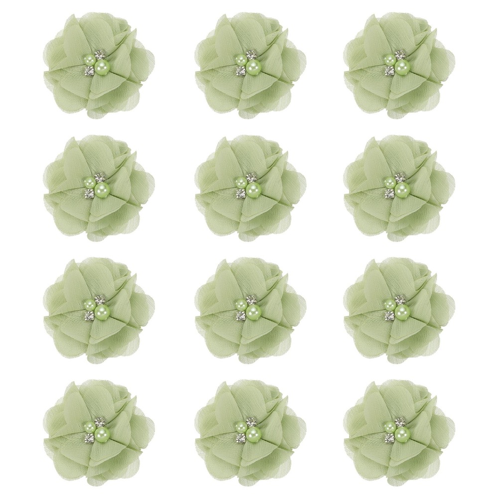 12Pcs 2″ Chiffon Flowers with Rhinestone Pearl Sewing Fabric Flowers, Green