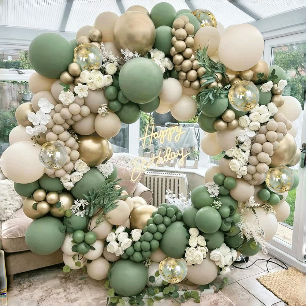 Sage Green White Sand Balloon Arch Kit, Green Beige Gold Metallic Balloons Garla