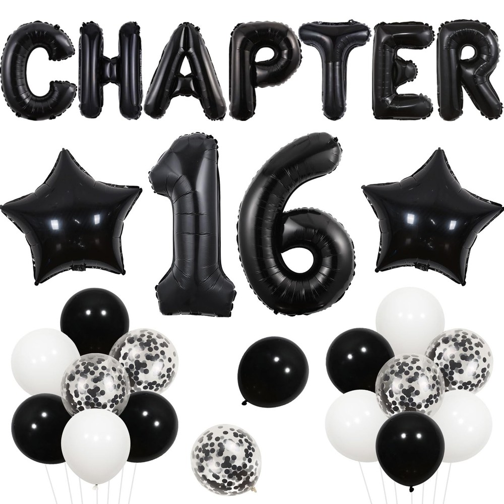 Chapter 16 16th Birthday Decoration Black White Balloon Banner Number 16 Ball…