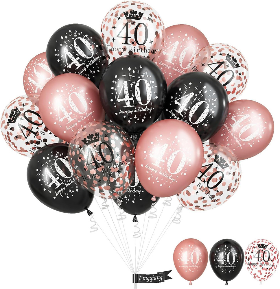 Black Rose Gold Happy 40Th Birthday Balloons, 15 Pieces 40Th Birthday Decoration