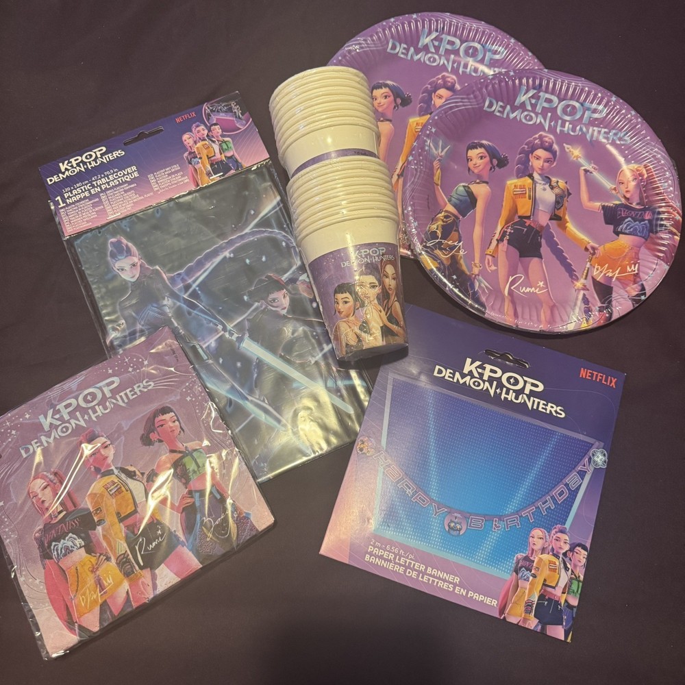 K-Pop Demon Netflix’s Party bundle -plates, cups, banner, tablecloth.