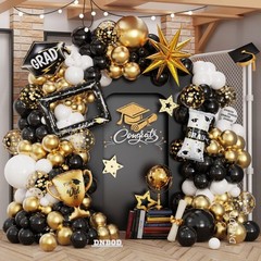 135Pcs Graduation Balloon Garland Kit – Black Gold White, Star, Trophy & Grad Ha