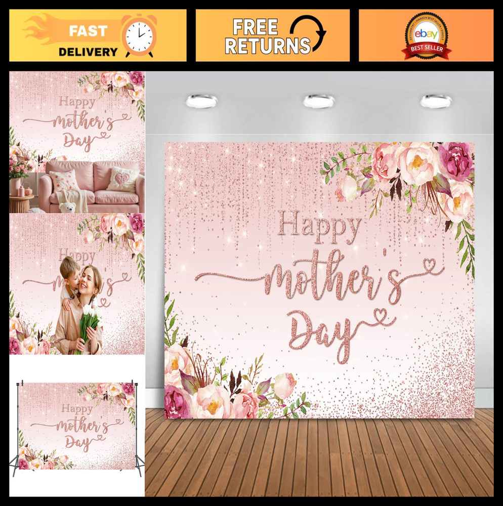 7x5ft Pink Floral Mother’s Day Backdrop Banner – Happy Mother’s Day Party Decor