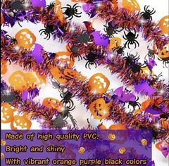 3pcs Halloween Garland Orange Pumpkins, Black Spiders & Purple Bats Tinsel 2M