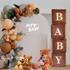 Wood Baby Shower Boxes Party Decorations – 4 Wood Grain Brown Blocks with Pri…