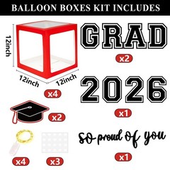 DAZONGE Graduation Decorations 2026, Set of 4 Red Grad Balloon Boxes with 139…