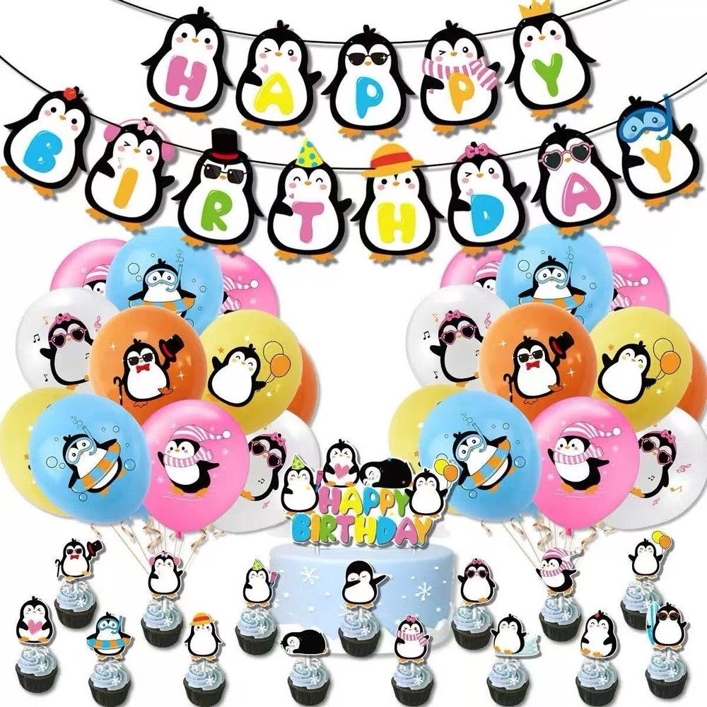 Cute Penguin Theme Birthday Party Decorations Set Banner Balloons Cake Toppers
