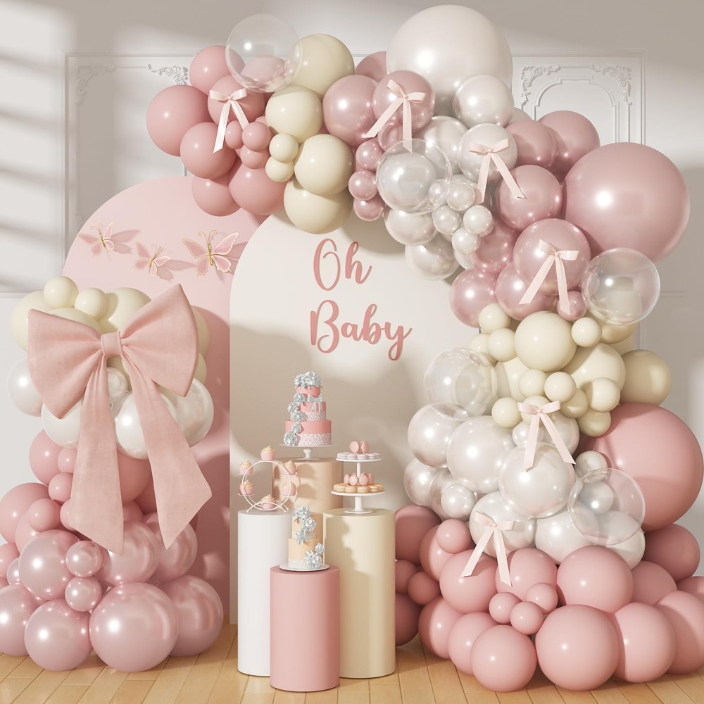 Pearl Dusty Pink Balloon Arch, Boho Double Blush Pink Pearl White Balloons, N…