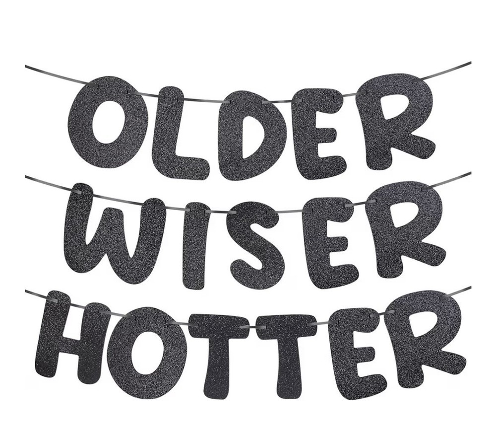 Older Wiser Hotter Glitter Banner Black With Red Heart And 2 Lg Balloons READ