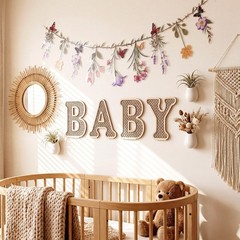 1 Set Boho Baby Shower Decoration Wooden Baby Letters with 7.9 ft Wildflower …