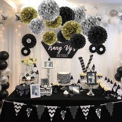 Black Gold Silver Tissue Paper Pom Poms Hanging Flower Ball Decor 18 PCS