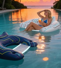 [Glow in the Dark] Inflatable Pool Floats Adult, [Light-Activated] Blue & Whi…