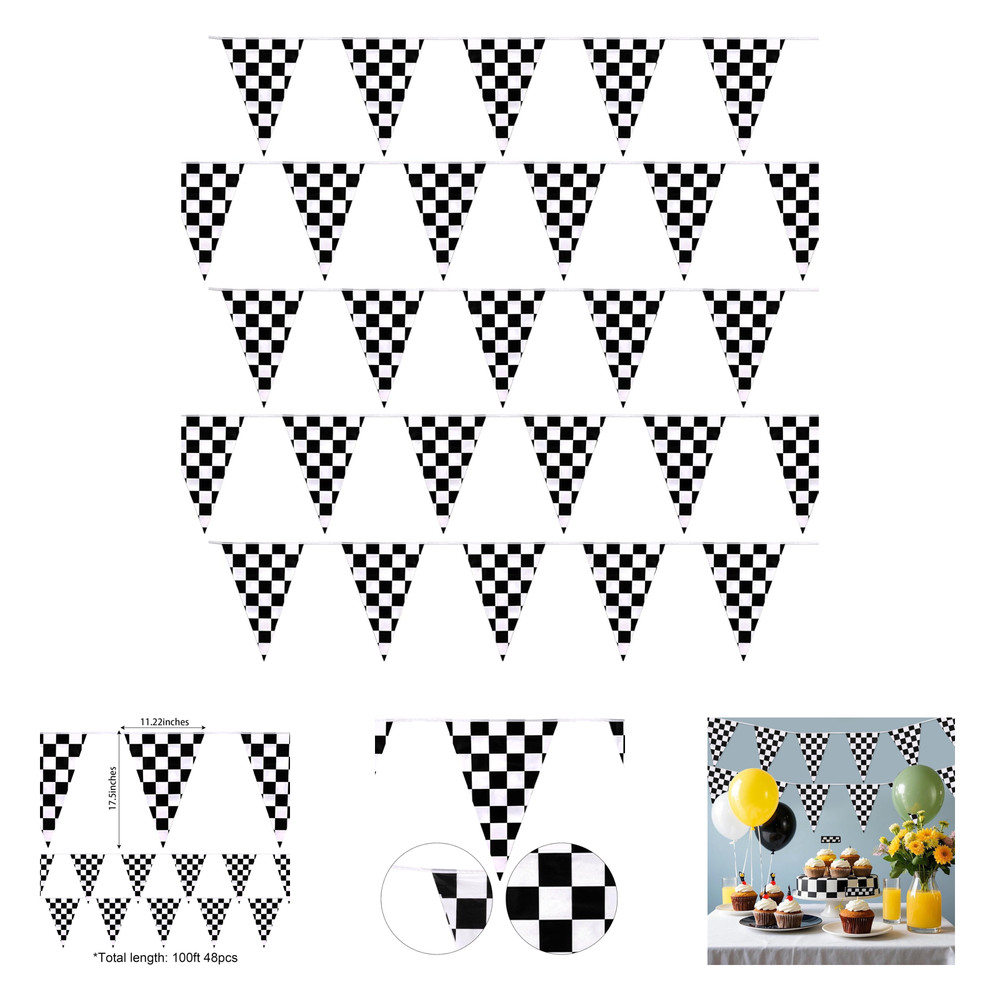 Checkered Flag Banner Race Car Party Decorations Supplies 100Ft Black White