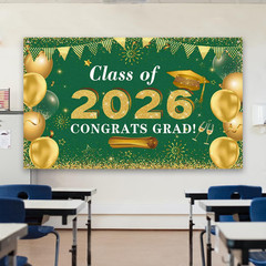 Graduation Decorations Congrats Grad Class of 2026 Backdrop – Green and Gold Gra