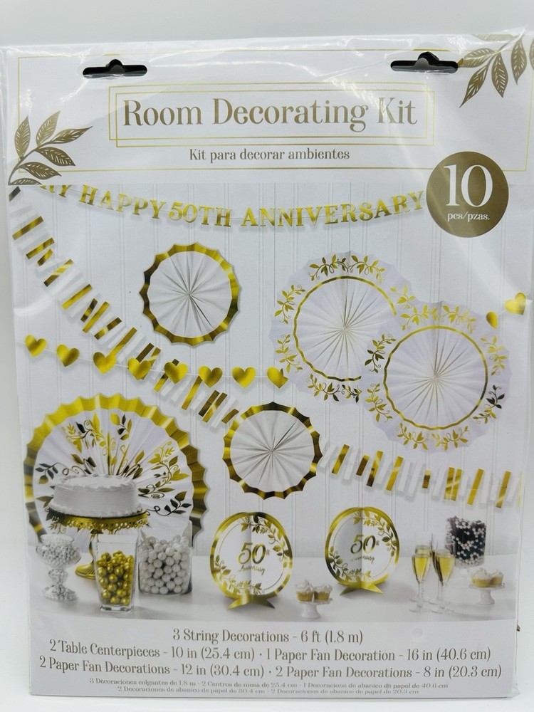 Happy 50th Anniversary Gold White Wedding Party Room Decorating Kit 10 Pieces