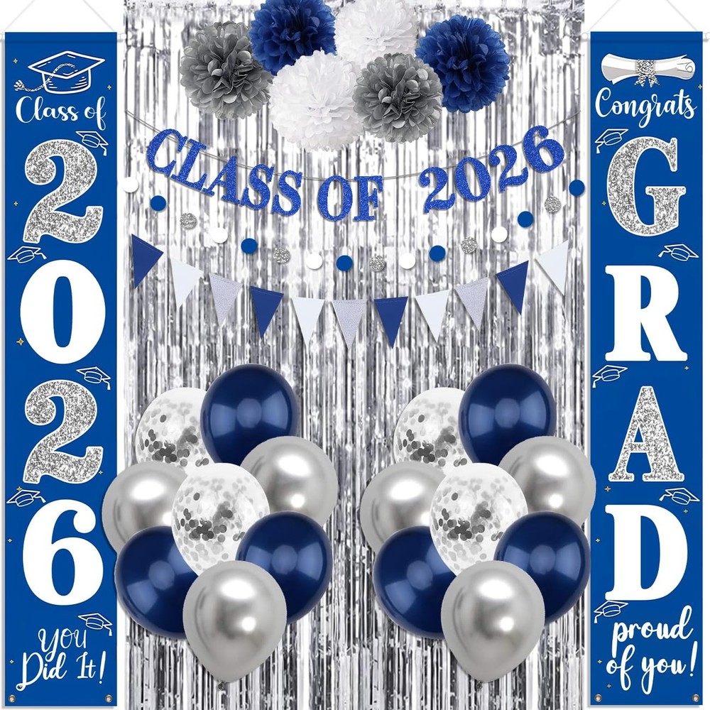 Graduation Decorations 2026 Blue and Silver Graduation Porch Sign Class of 20…