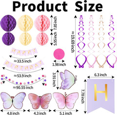 Happy Birthday Banner with Honeycomb Balls, Butterfly Hanging Swirl Streamers, C