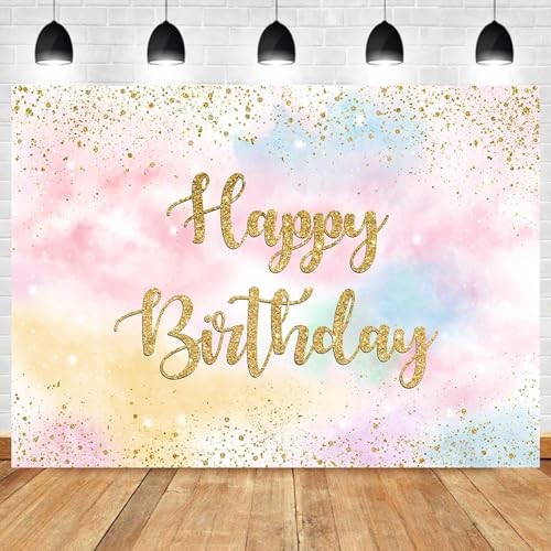 Rainbow Birthday Backdrop for Girls Colorful Pastel Clouds Happy 5x3ft