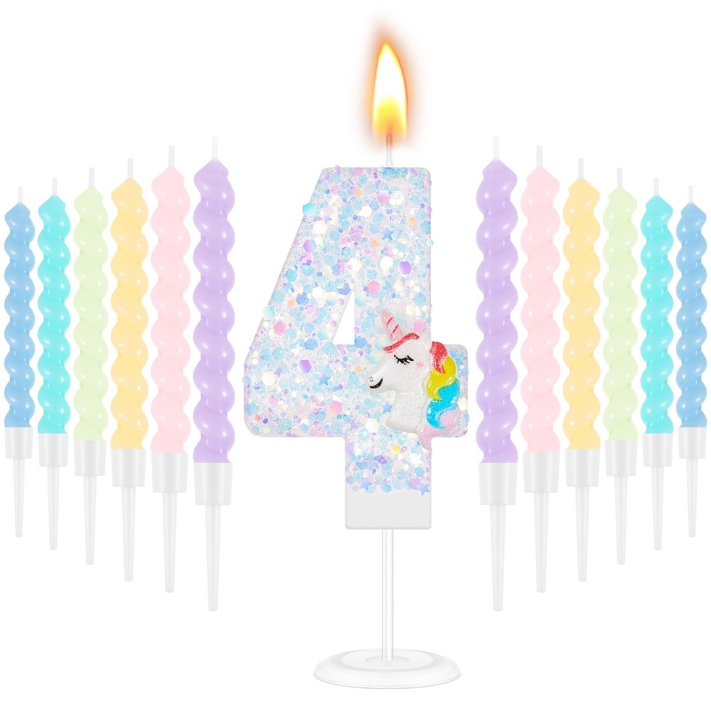 MTLEE Number 4 Birthday Candles Unicorn Cake 4.49 inches, Light Colors