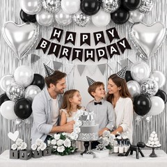 Happy Birthday Party Decorations Black Silver Balloons and Fringe Curtain Set