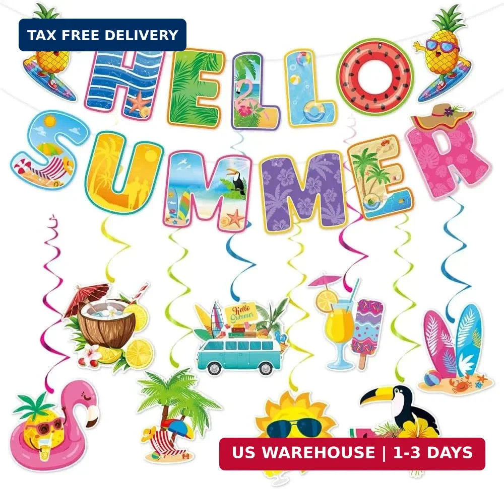 Summer Party Decorations Set, Pre-Strung Hello Summer Banner Hanging Swirls Beac