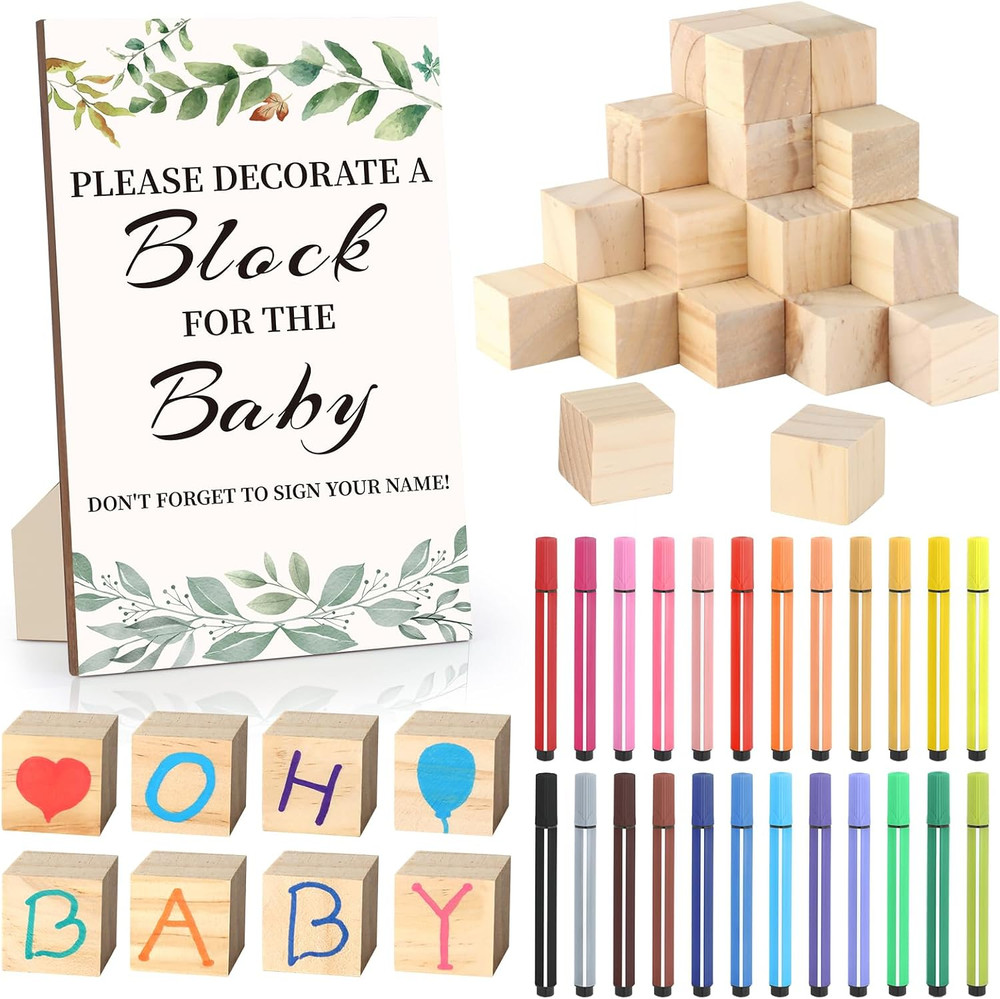 Baby Shower Games Sign Kit with 50 Blank Wooden Baby Blocks, 24 Acrylic Paint Ma