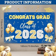 2026 Graduation Backdrop Blue – 70.8″x43.3″ Congrats Grad Banner for Party, C…