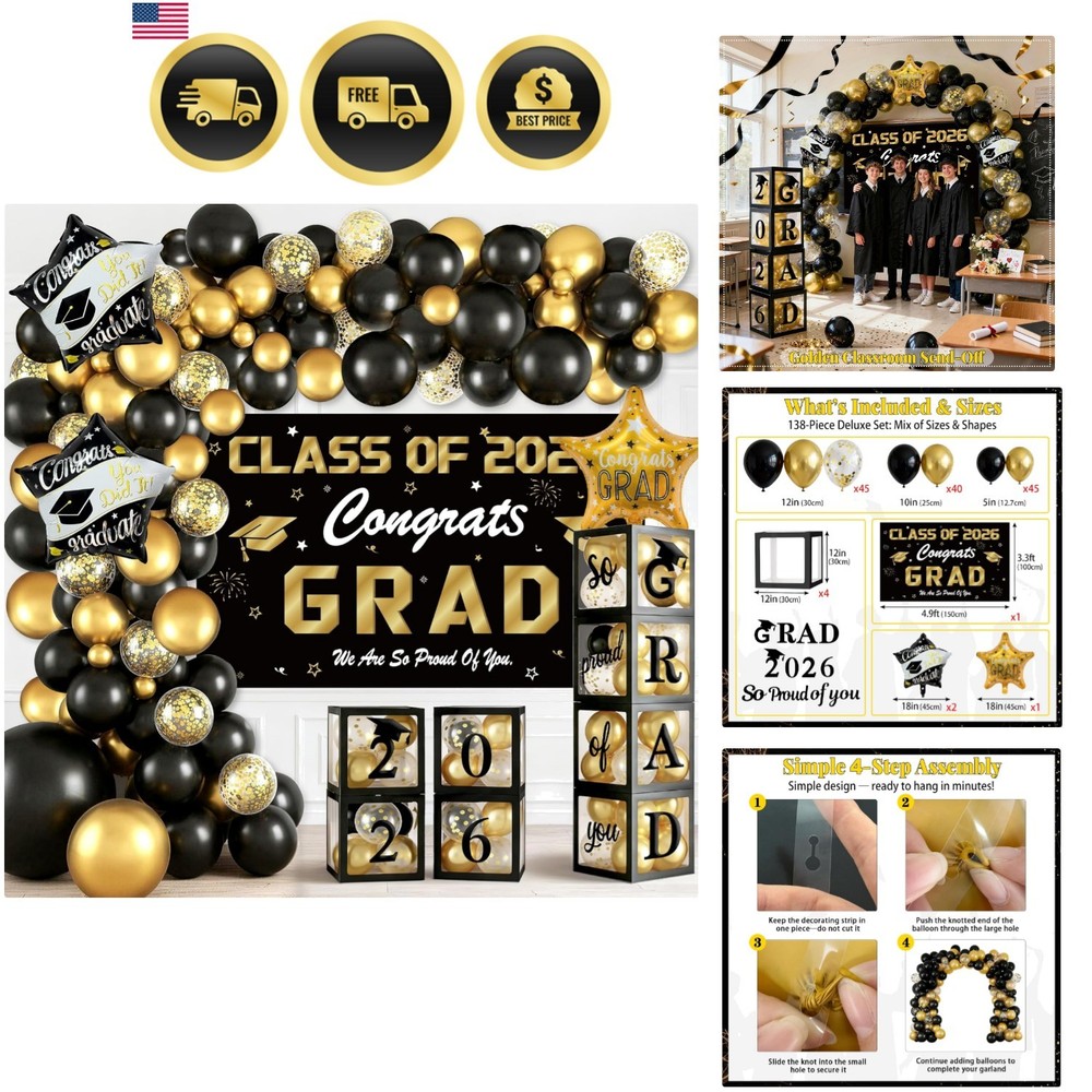 All-In-One Balloon Arch Kit with Grad Boxes – Perfect Graduation 2026 Decor
