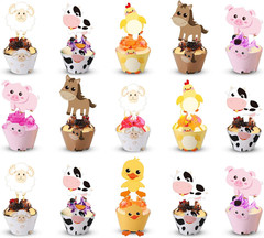 60pc Farm Animal Cupcake Toppers Wrappers Barnyard Party Birthday Decorations