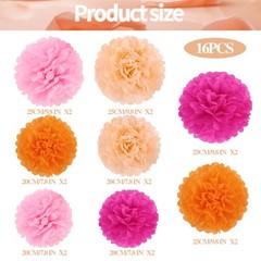 16 PCS Hot Pink Orange Party Decorations Tissue Paper Flowers Pom Poms Decora…